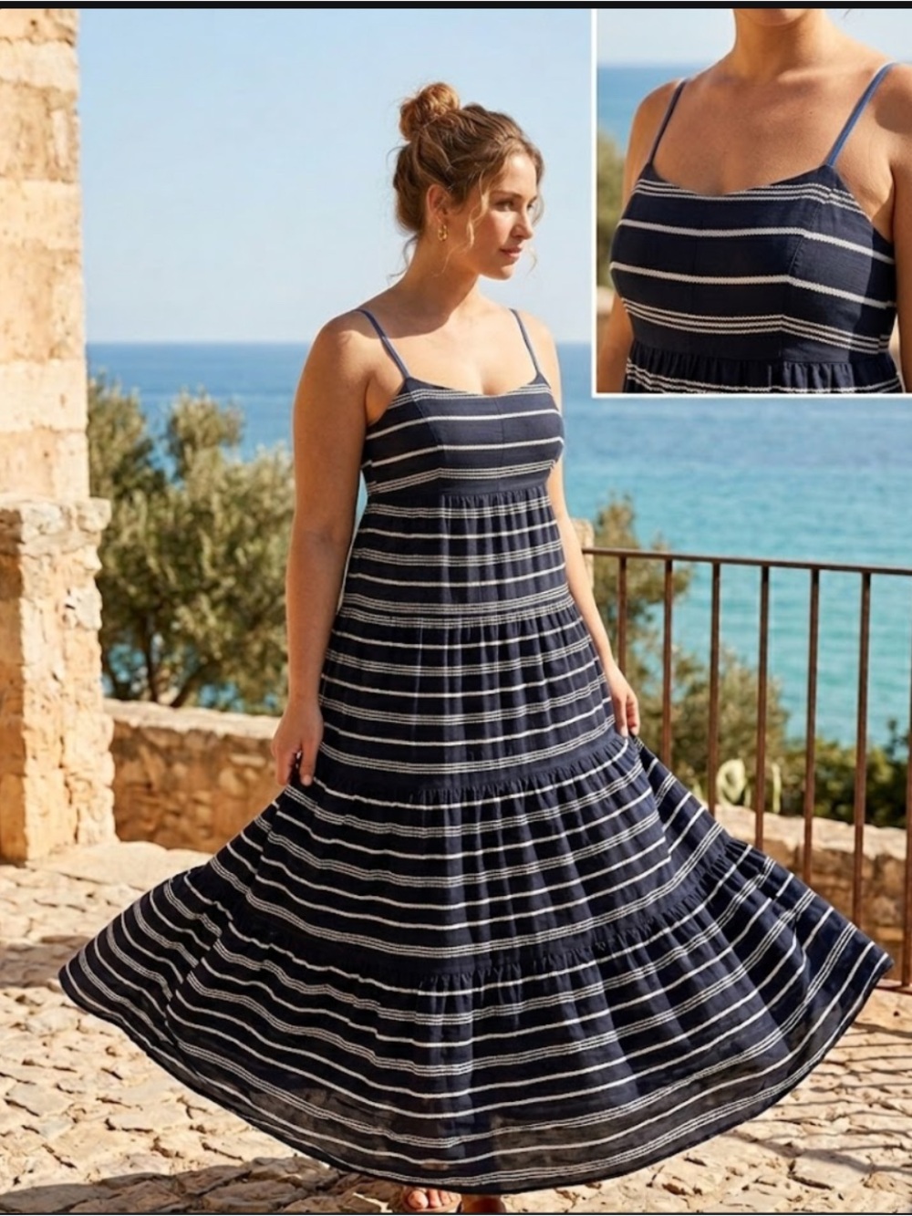Hudson North Striped Navy Spaghetti-Strap Maxi Dress with smocking at back Roomy